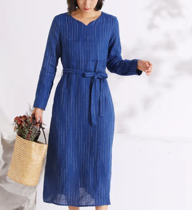 Blue Autumn linen Women Dresses Casual Fleece Lining Women Dress SSM97215