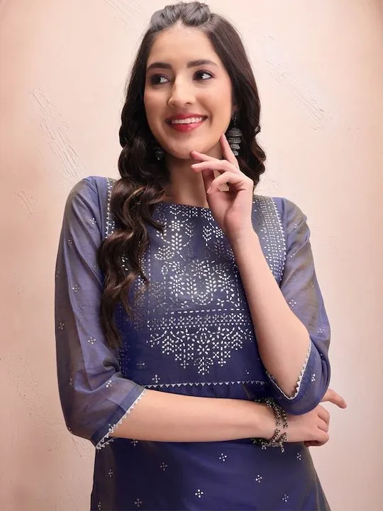 Blue Floral Embroidered Mukaish Chanderi Cotton Kurta With Trousers & Dupatta