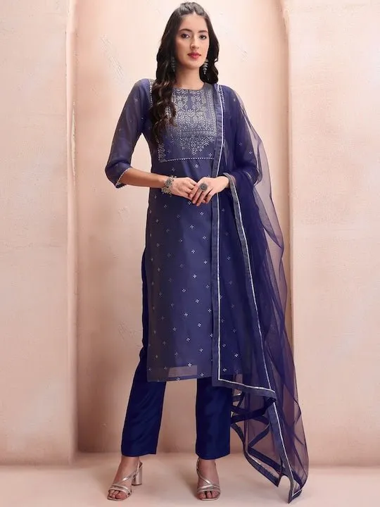 Blue Floral Embroidered Mukaish Chanderi Cotton Kurta With Trousers & Dupatta