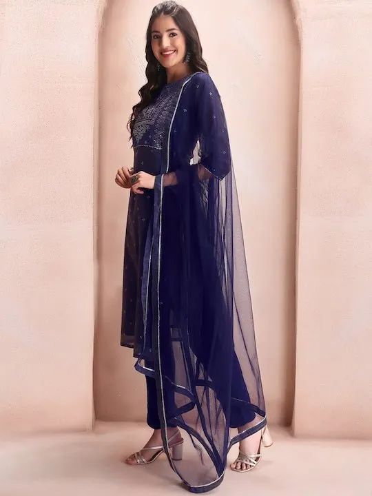 Blue Floral Embroidered Mukaish Chanderi Cotton Kurta With Trousers & Dupatta