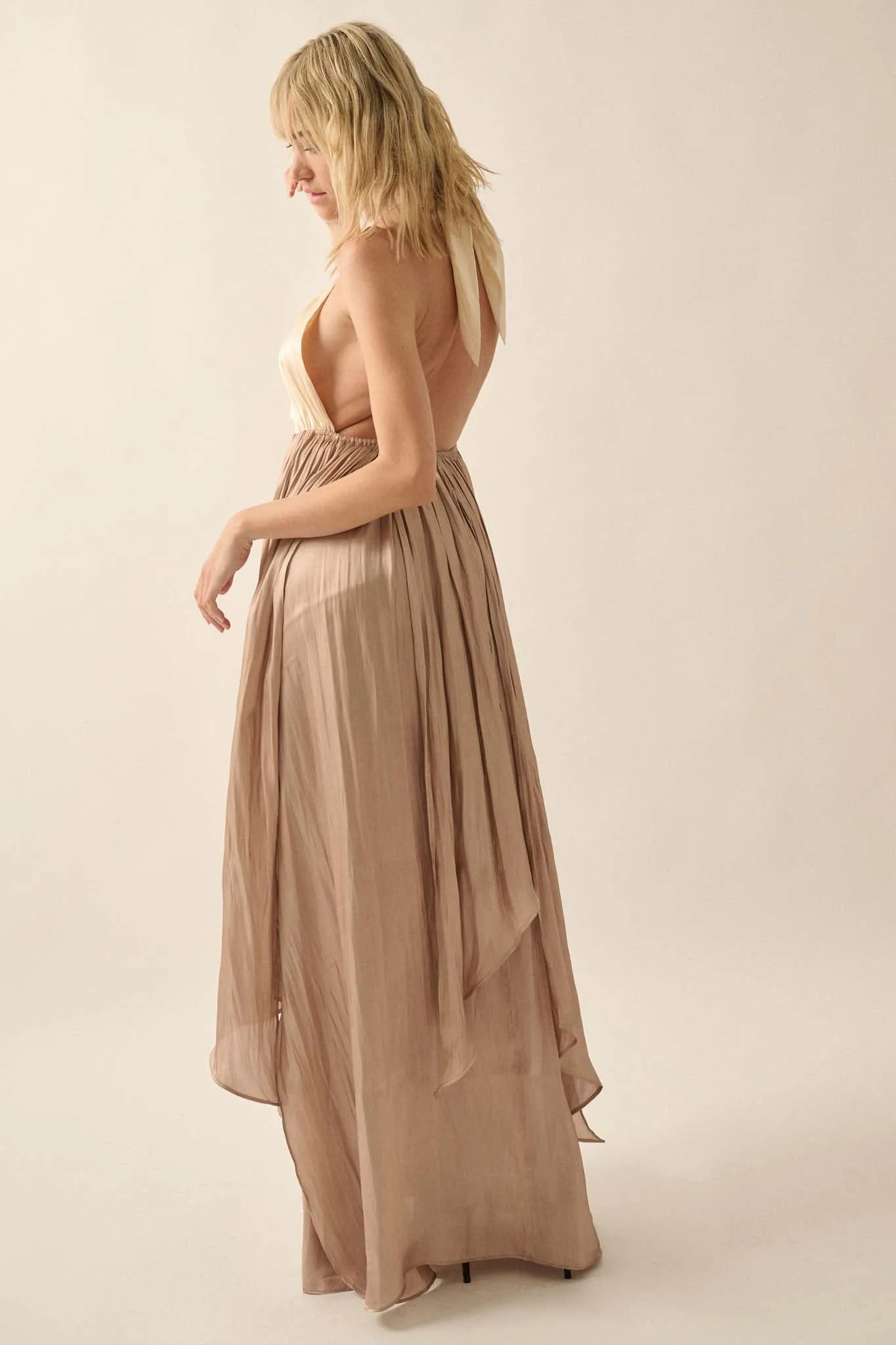 Breaking Waves Satin Cross-Front Halter Maxi Dress