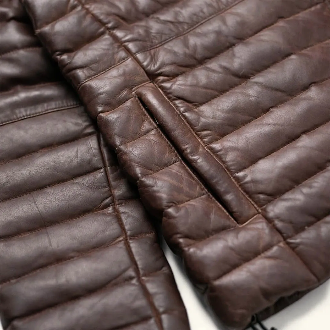 Brown Puffer Leather Down Jacket