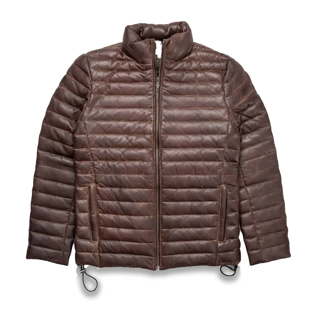 Brown Puffer Leather Down Jacket