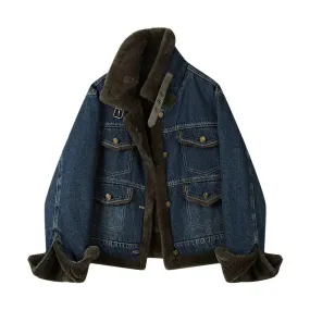 Buckle Collar Faux Fur Lined Denim Coat