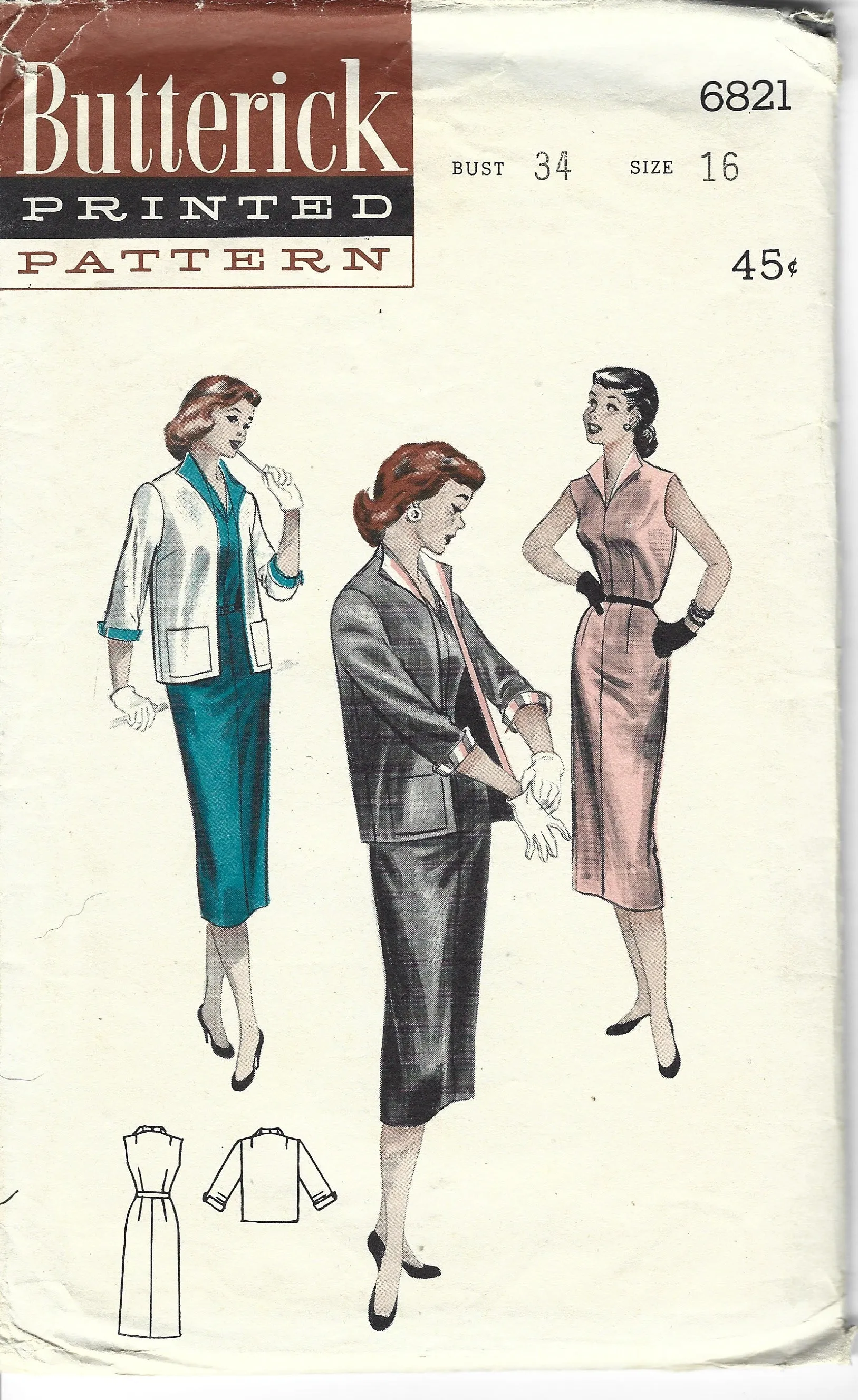 Butterick 6821 Teen Sheath Dress Boxy Jacket Vintage Sewing Pattern 1950s