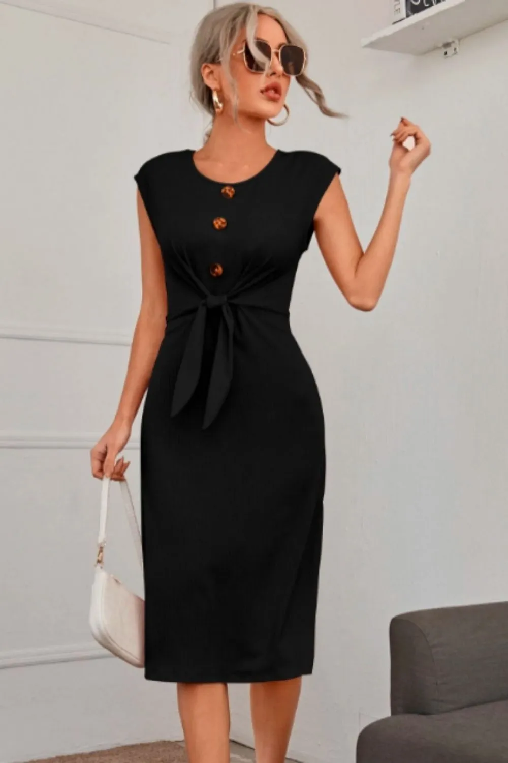 Button Detail Tie Front Midi Dress