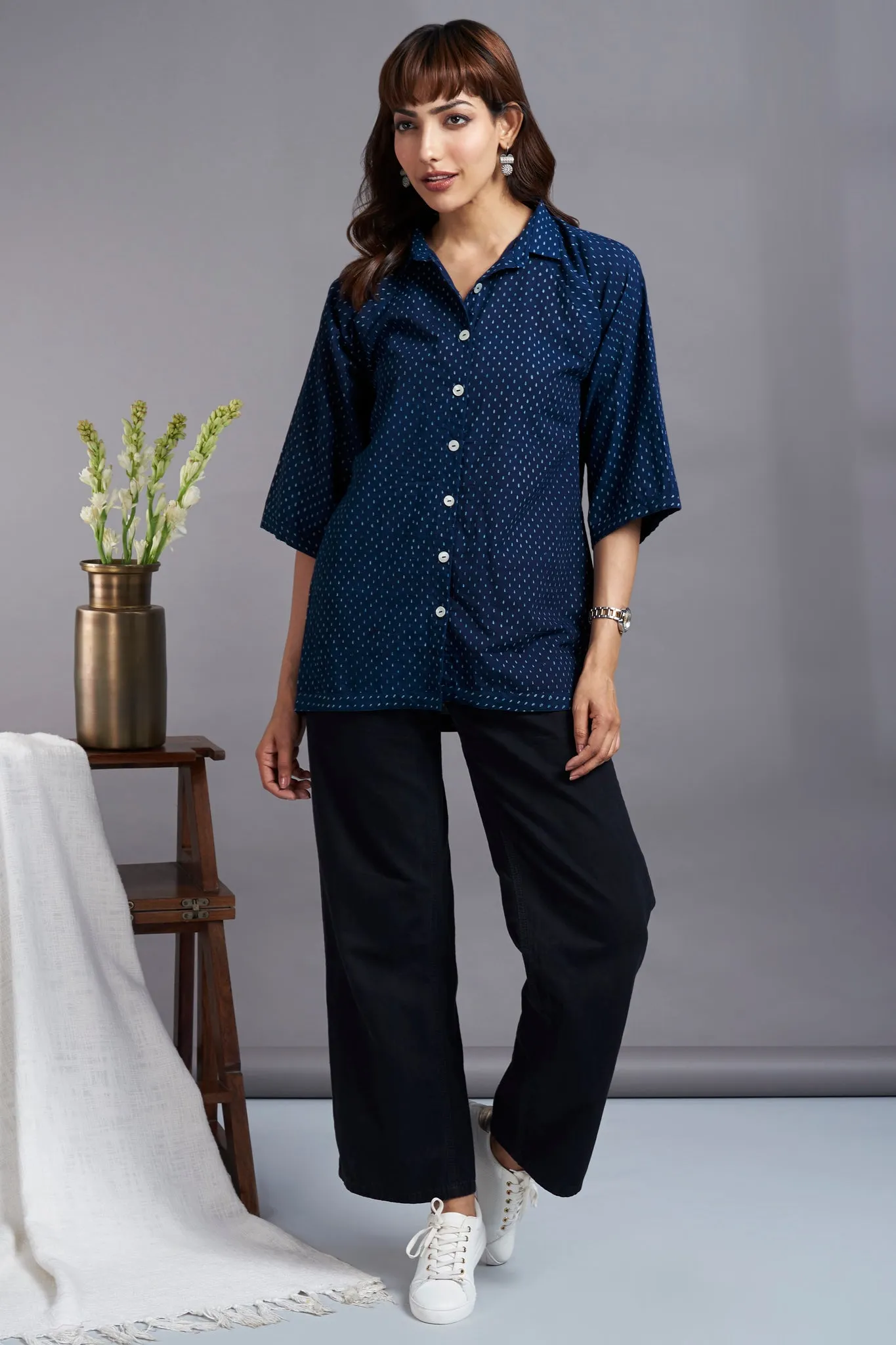 button down shirt with round hem & easy sleeve - indigo sprinkles & midsummer night