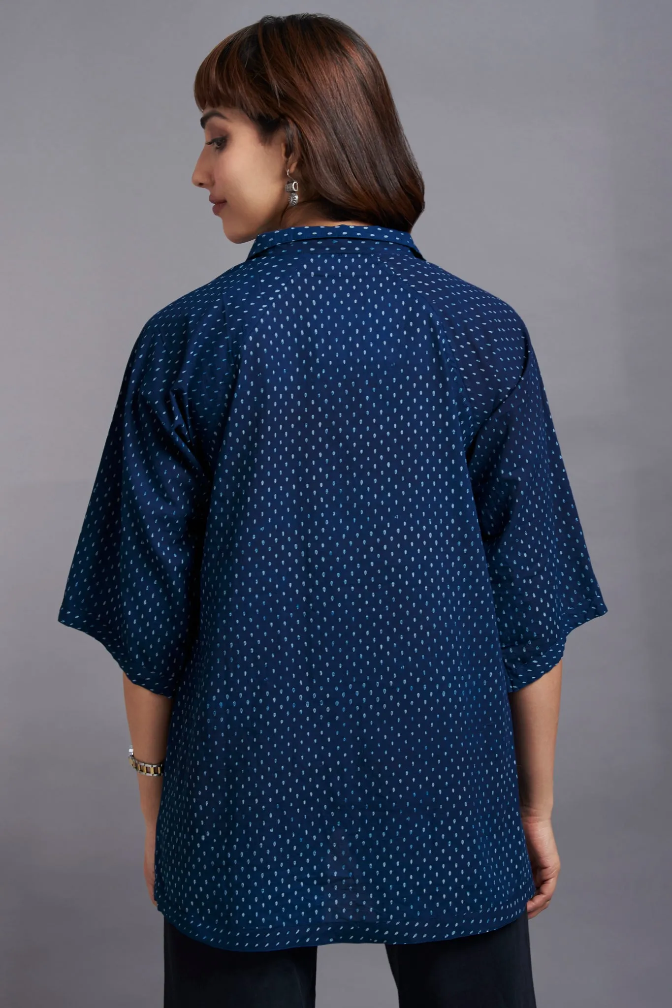 button down shirt with round hem & easy sleeve - indigo sprinkles & midsummer night