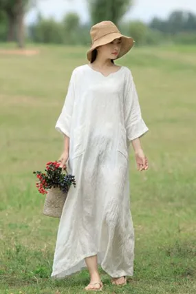 Casual V Neck Maxi Dresses Women Loose Cotton Linen Outfits Q1674