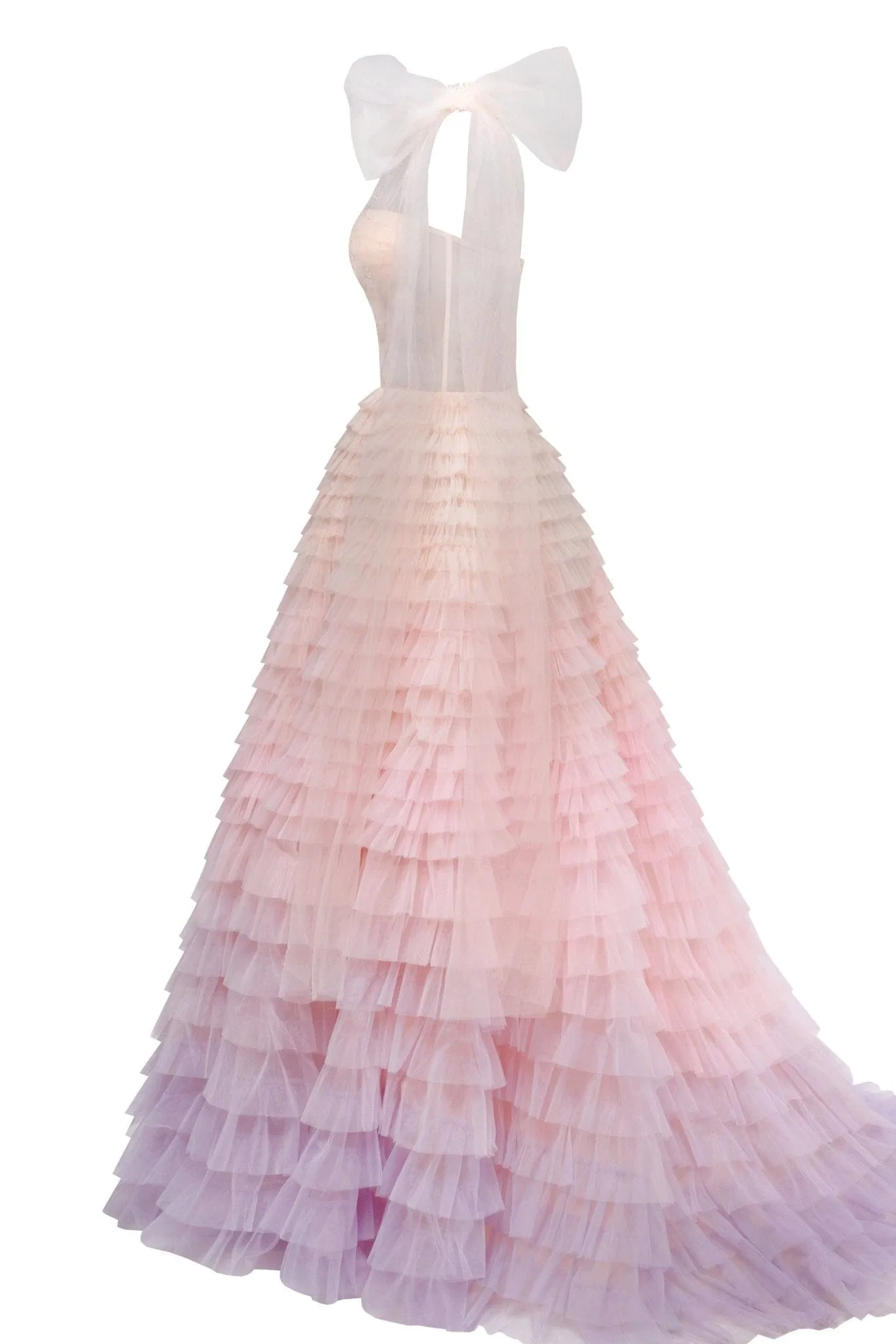 Charming ball gown with the frill-layered ombre maxi skirt