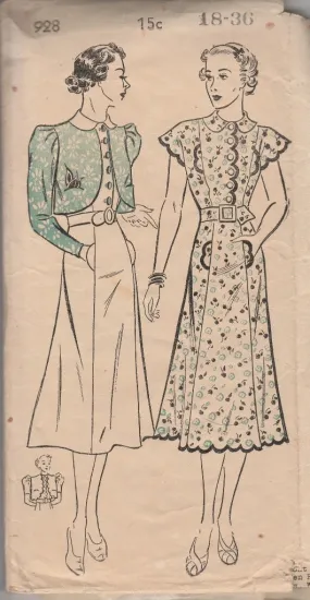 Chatelaine 928 Ladies Dress Bolero Jacket Vintage 1930's Sewing Pattern New York Pattern Company