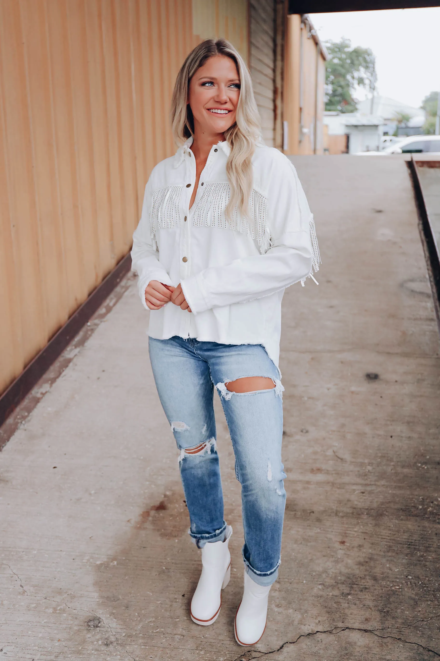 Cheyenne Fringe Frayed Shacket - White