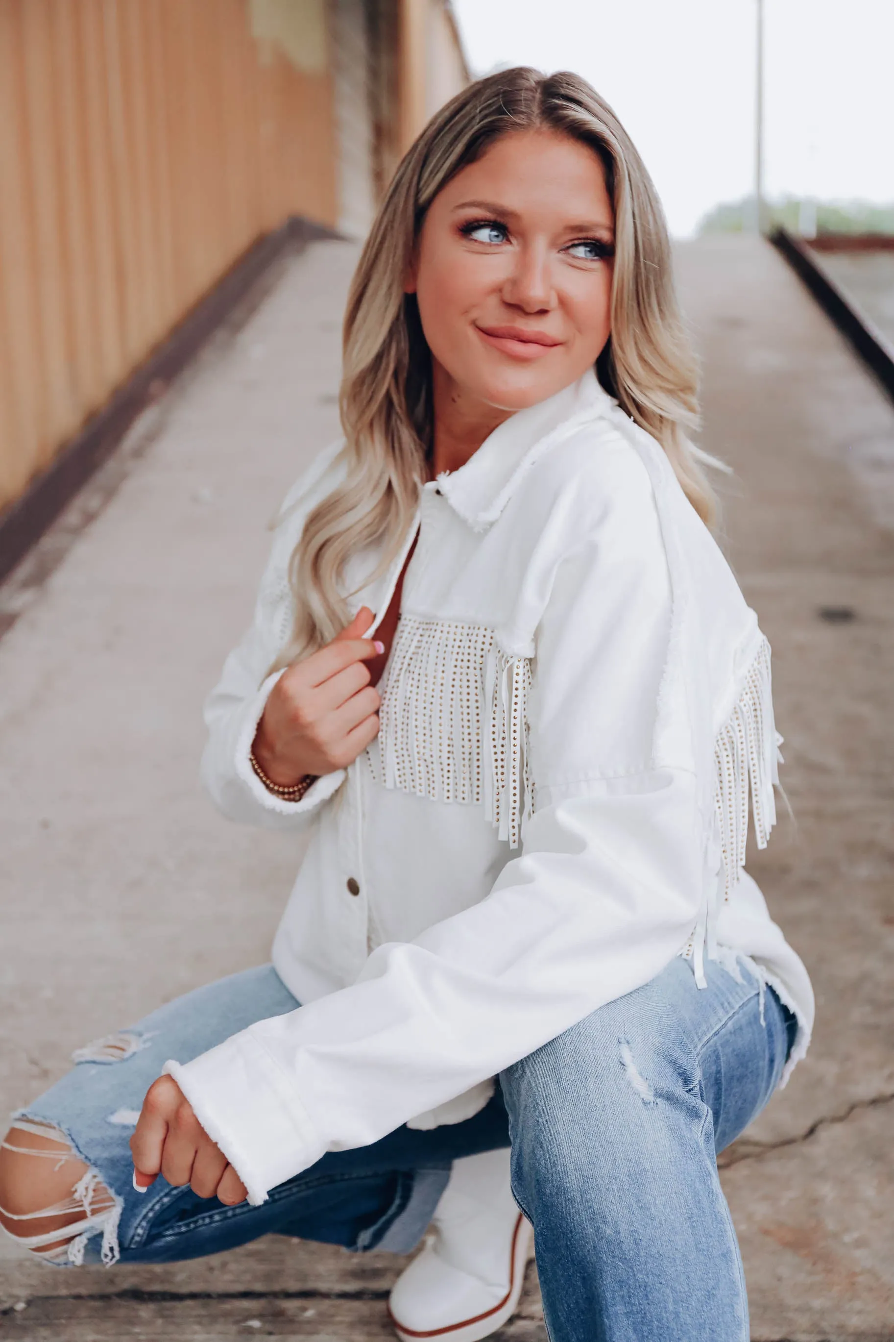 Cheyenne Fringe Frayed Shacket - White