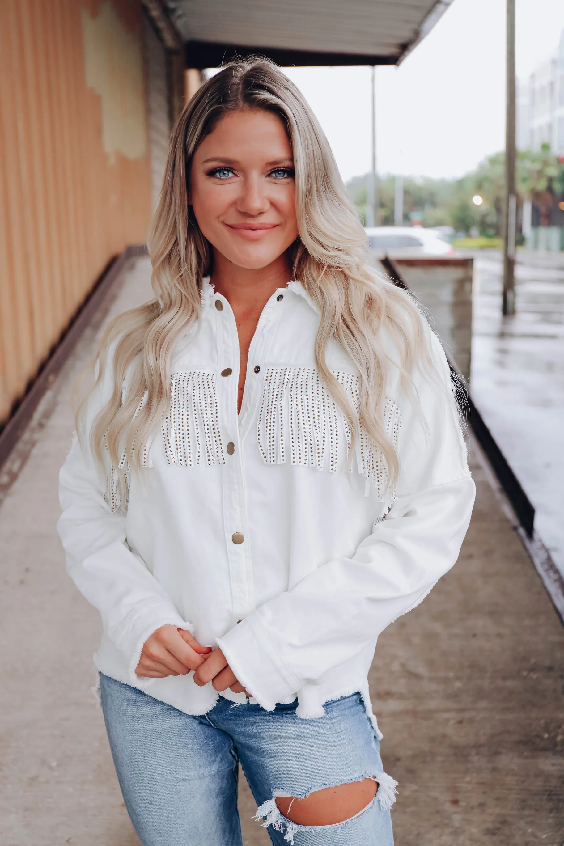 Cheyenne Fringe Frayed Shacket - White