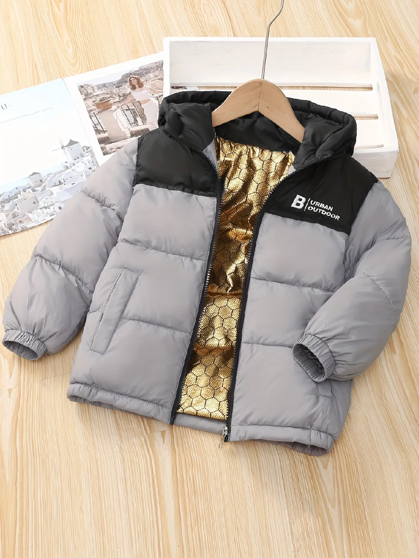 Contrast Color Warm Padded Jacket For Girls Boys, Casual Hooded Imitation Puffer Jackets Winter Clothing