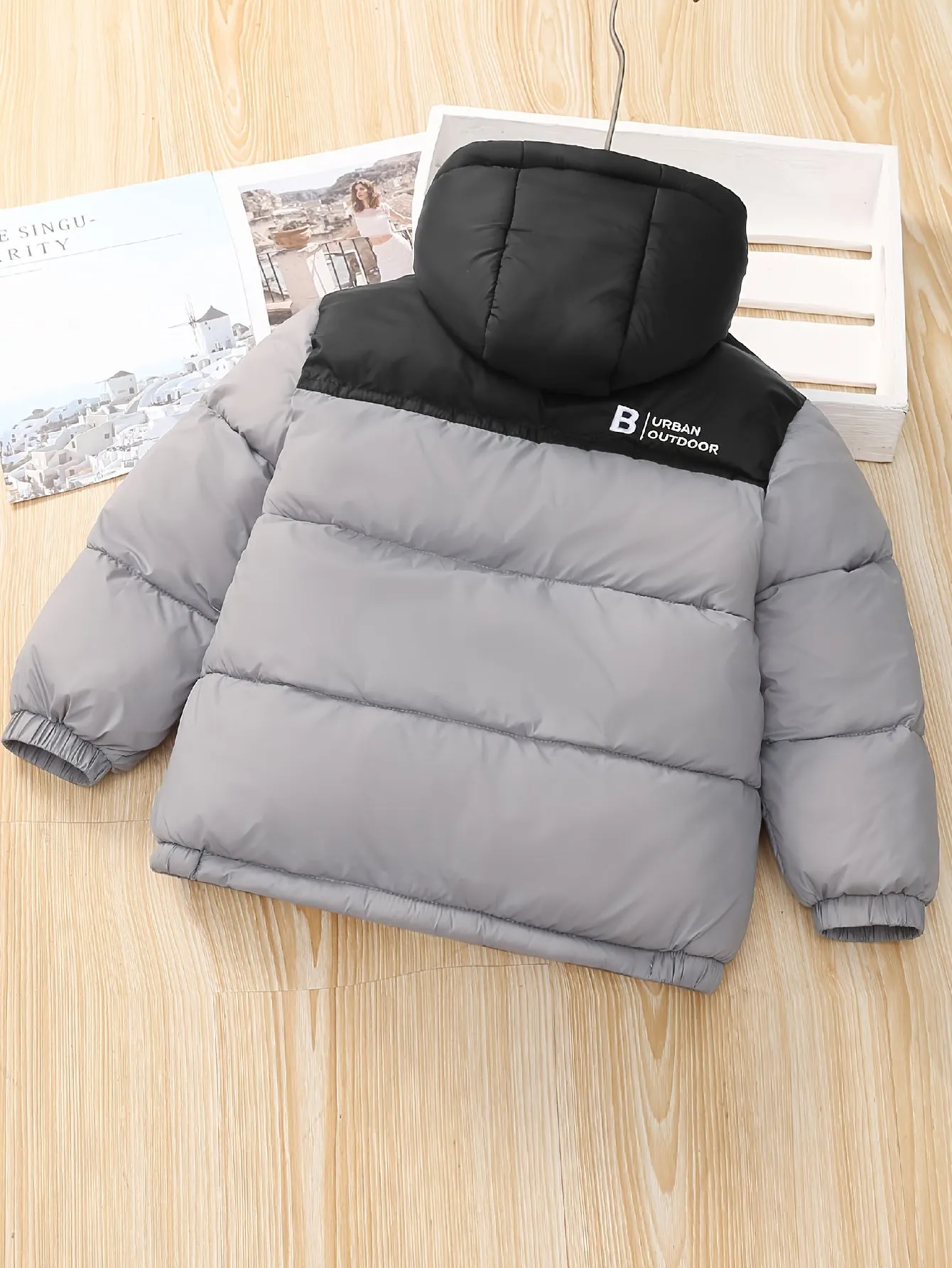 Contrast Color Warm Padded Jacket For Girls Boys, Casual Hooded Imitation Puffer Jackets Winter Clothing