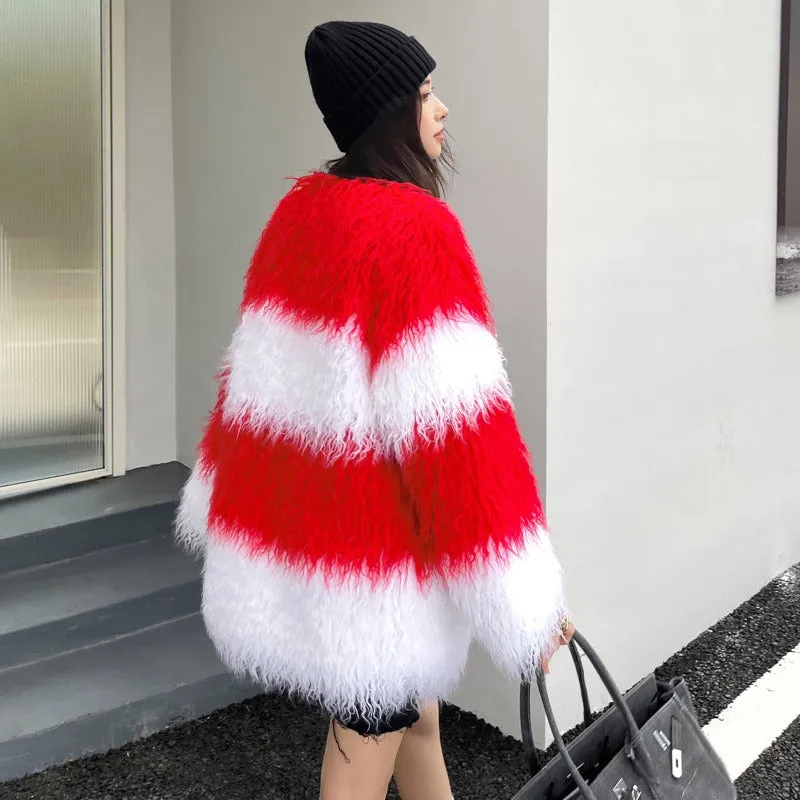 Contrast Fluffy Faux Fur Coat