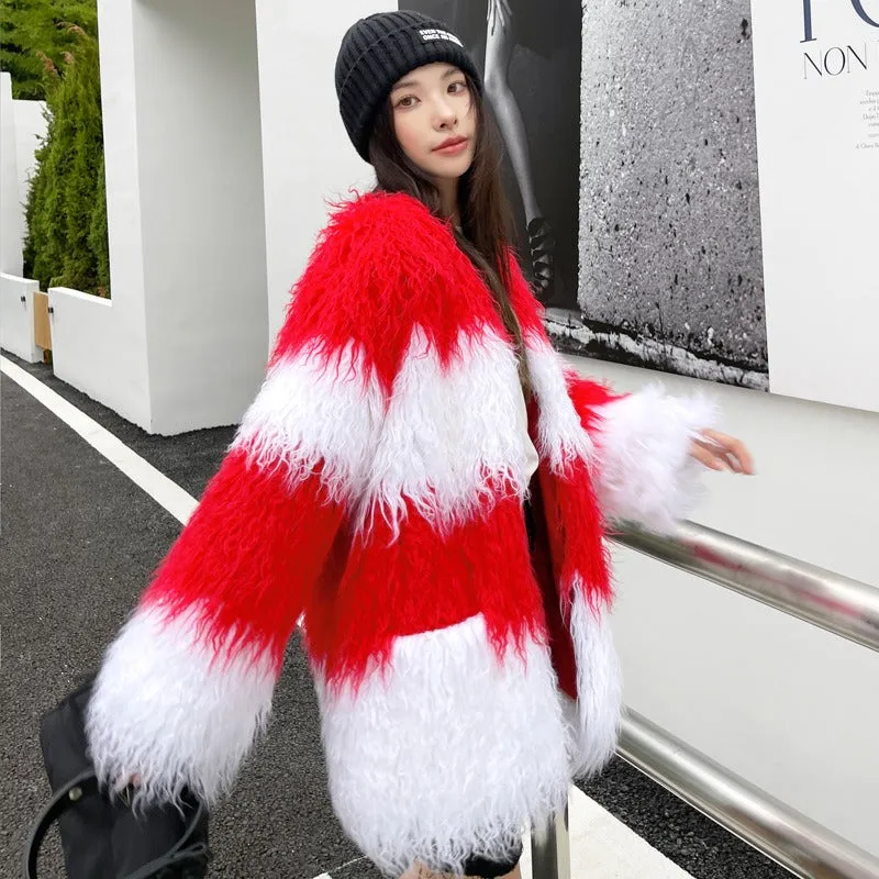 Contrast Fluffy Faux Fur Coat