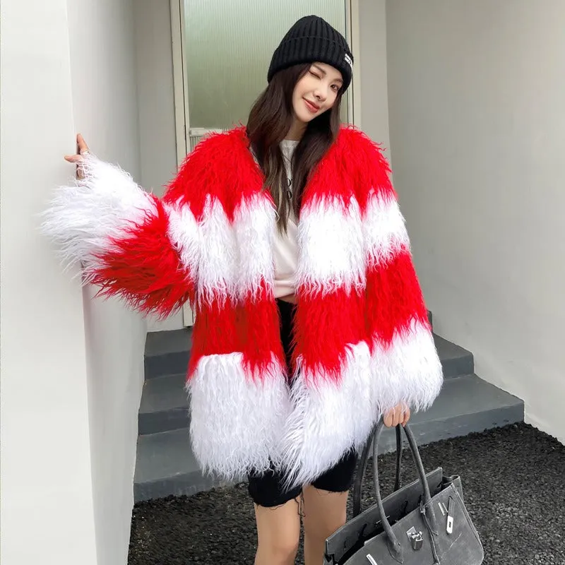 Contrast Fluffy Faux Fur Coat