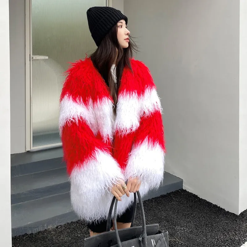 Contrast Fluffy Faux Fur Coat