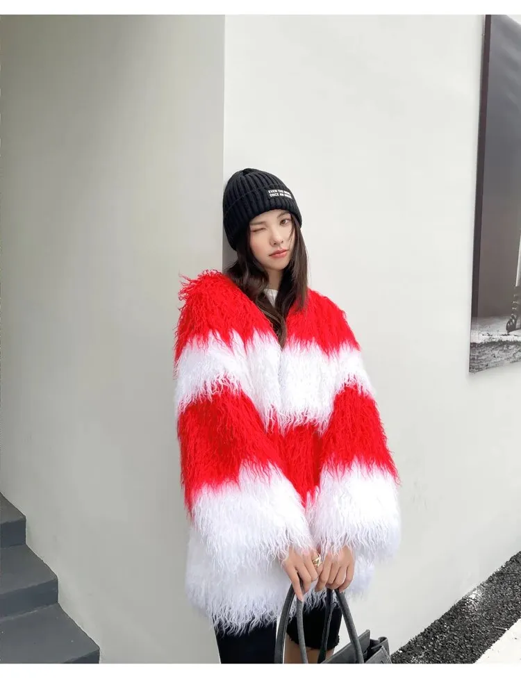 Contrast Fluffy Faux Fur Coat