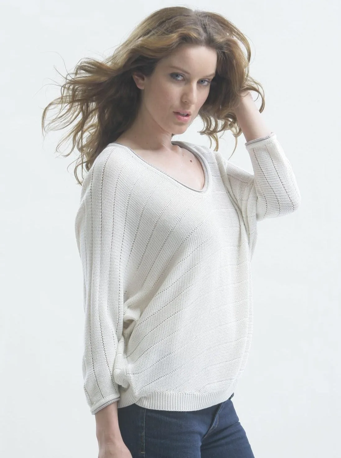 Contrast Piping Pullover in Silk/Linen Blend