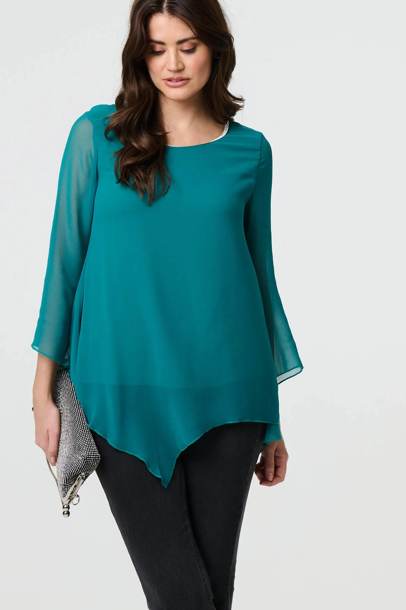 Contrast Stitch Semi Sheer Hanky Hem Top