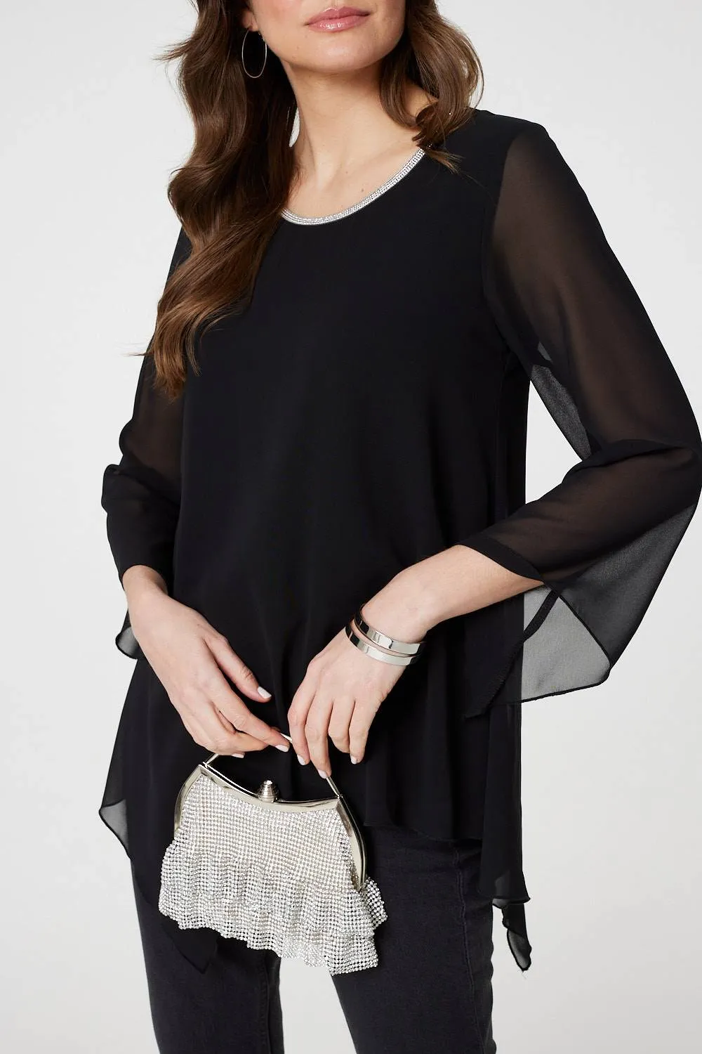 Contrast Stitch Semi Sheer Hanky Hem Top