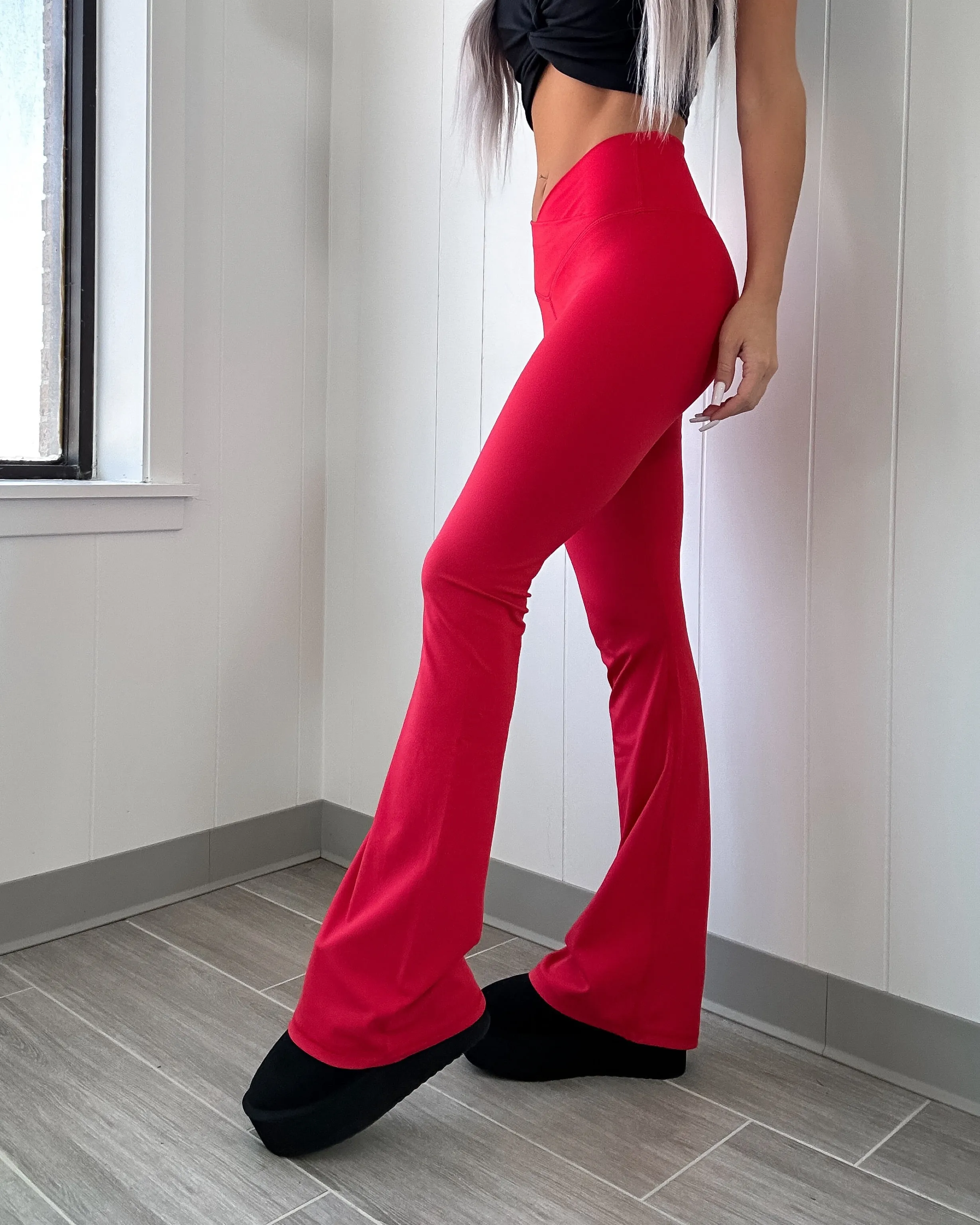 Crossover High Waist Flare Leggings - Red