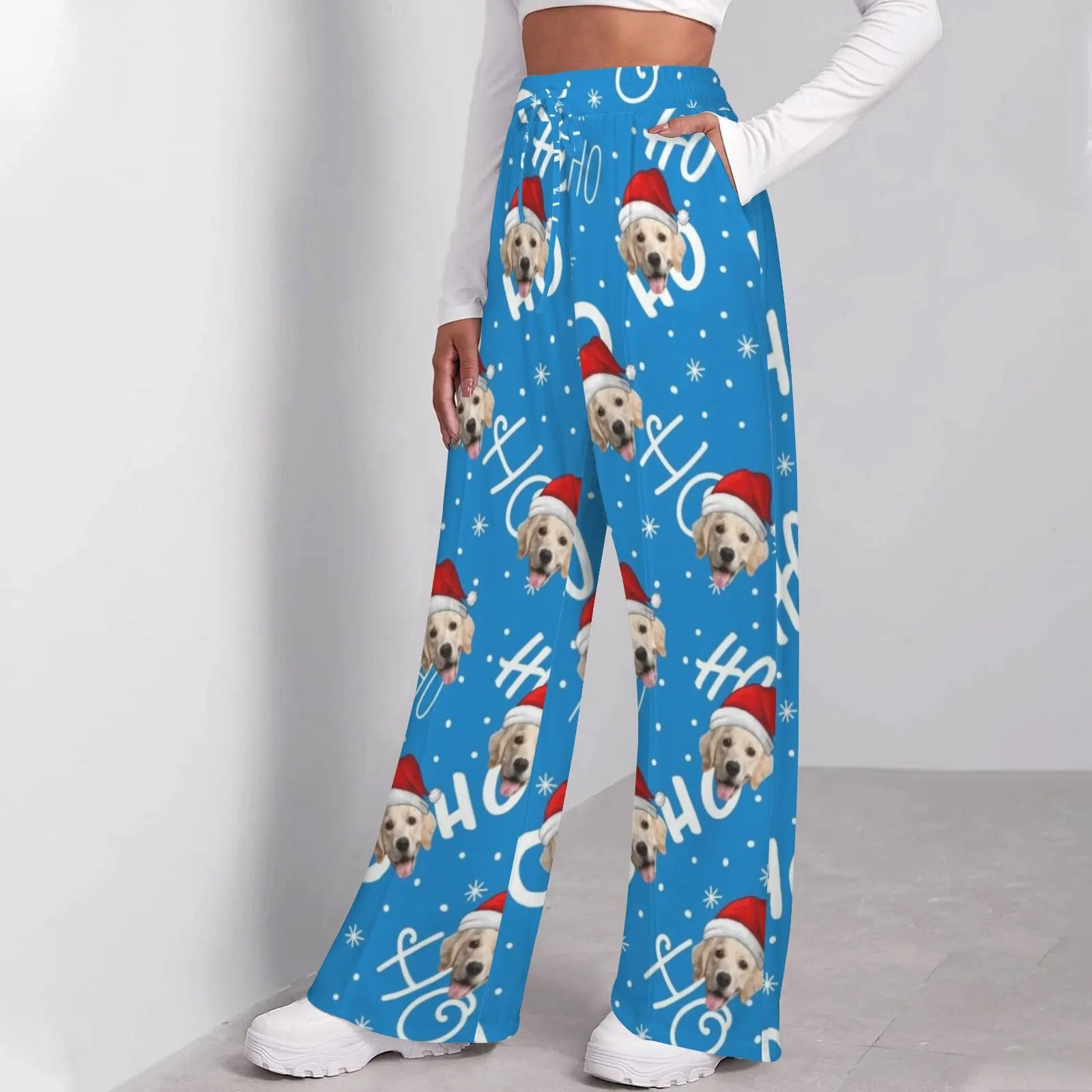 Custom Face Christmas Ho Pattern Women's Drawstring Wide Leg Sweatpants