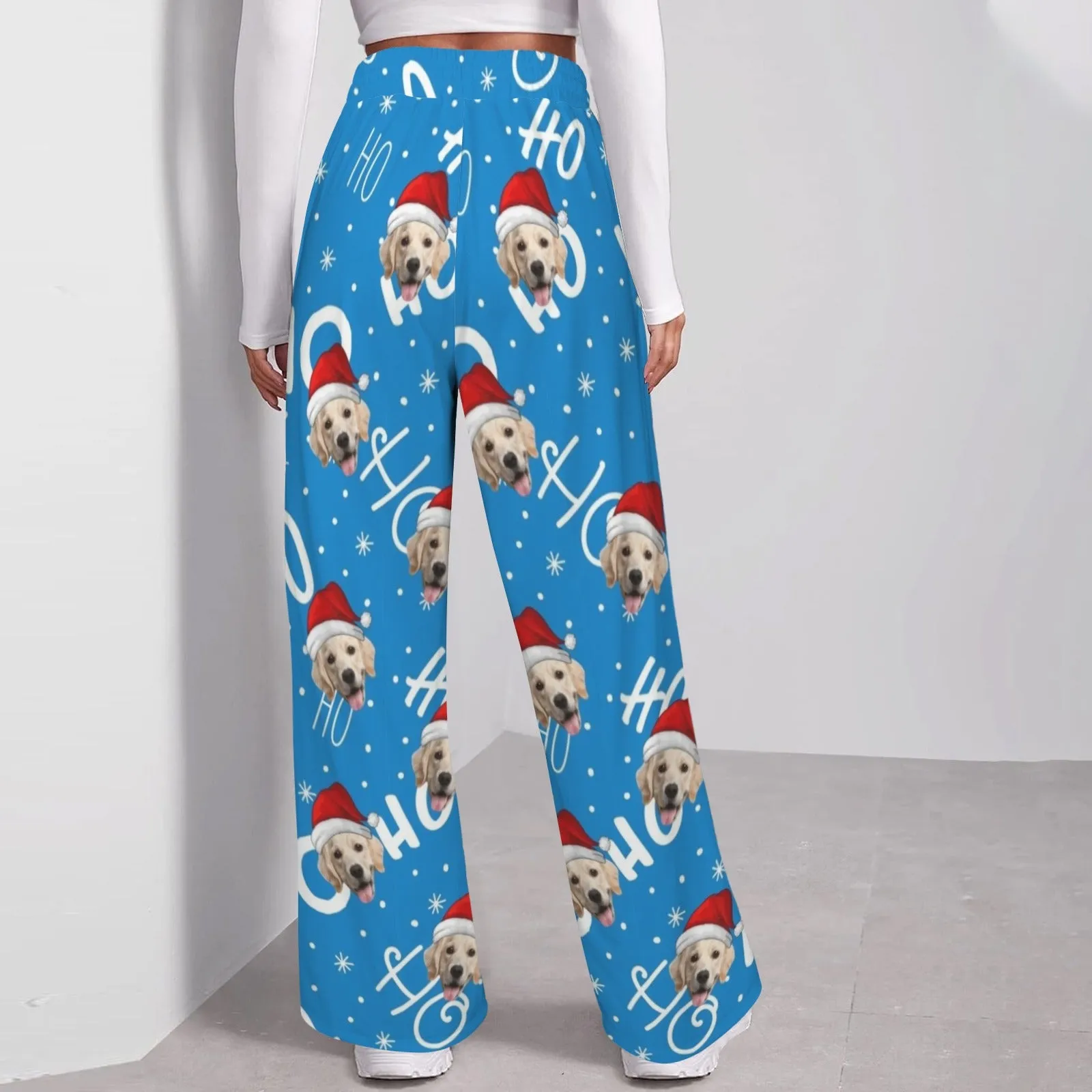 Custom Face Christmas Ho Pattern Women's Drawstring Wide Leg Sweatpants