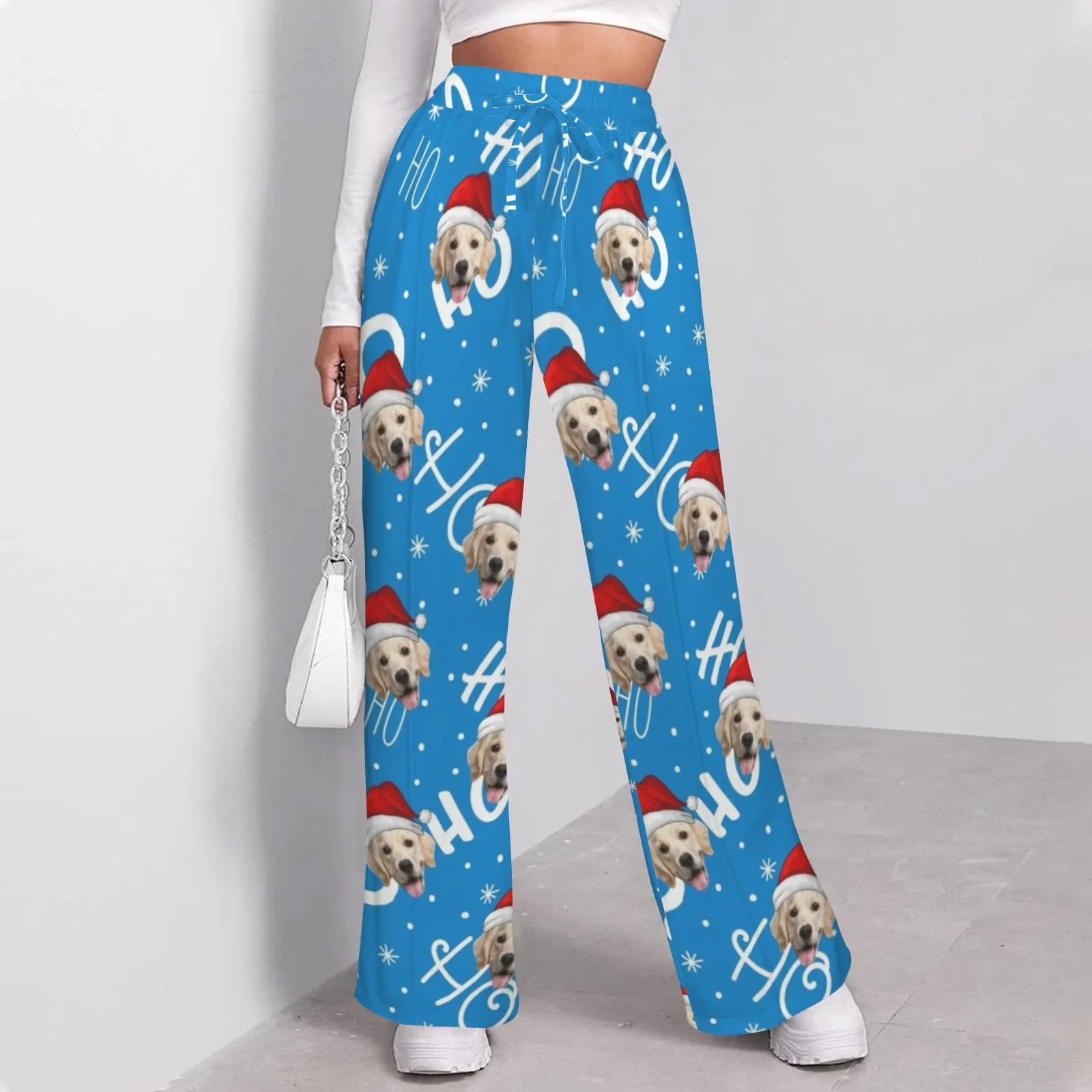 Custom Face Christmas Ho Pattern Women's Drawstring Wide Leg Sweatpants