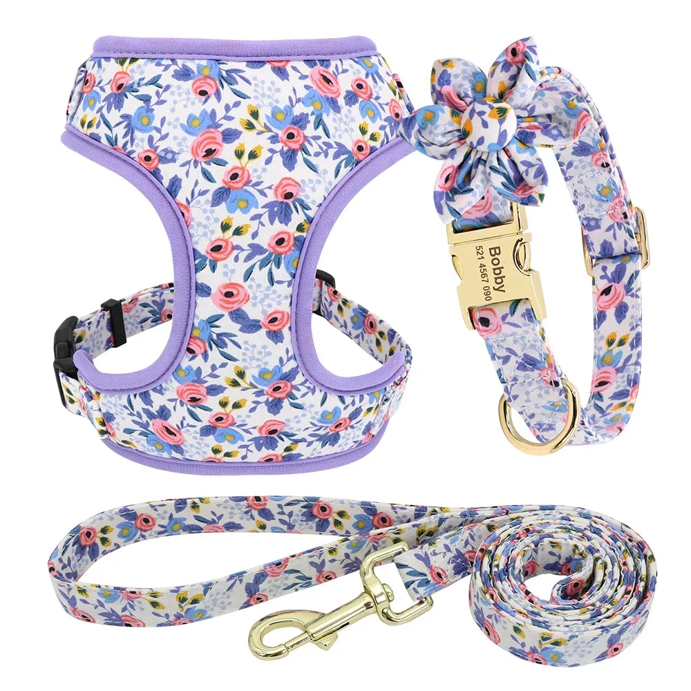 Cute Flower Print Dog Collars & Leash Sets-Personalized Nylon Harness and Leash Set with Custom ID Collars for Small Pets