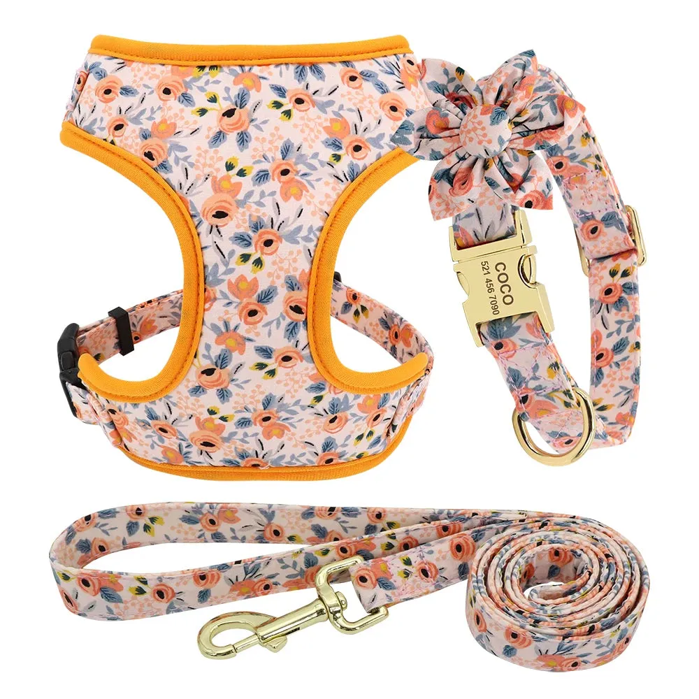 Cute Flower Print Dog Collars & Leash Sets-Personalized Nylon Harness and Leash Set with Custom ID Collars for Small Pets