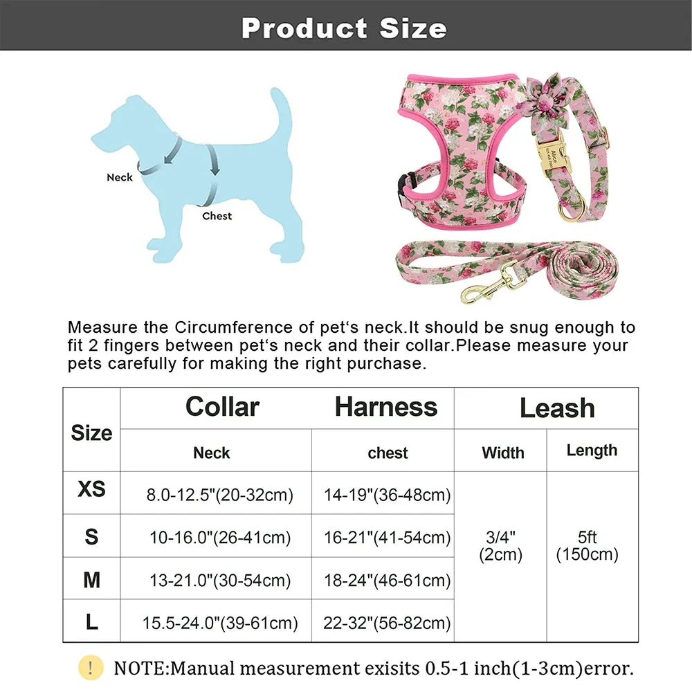 Cute Flower Print Dog Collars & Leash Sets-Personalized Nylon Harness and Leash Set with Custom ID Collars for Small Pets