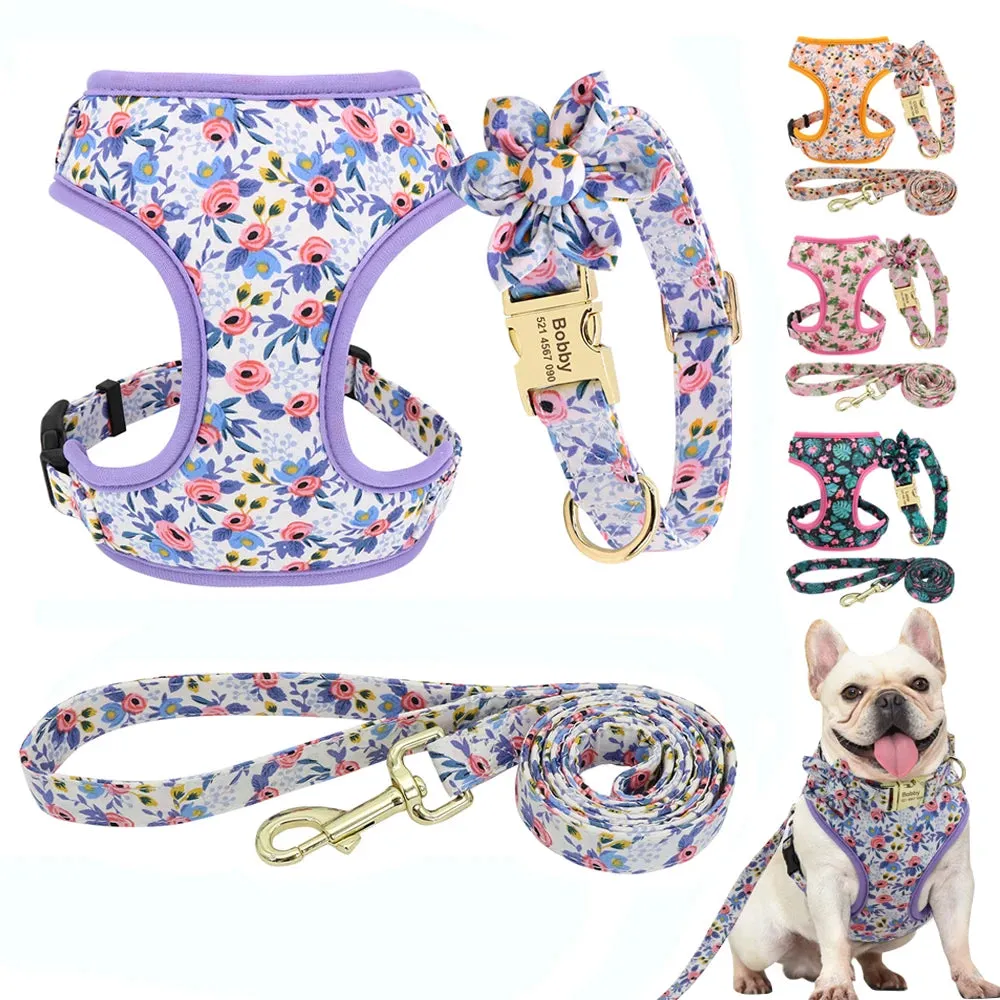 Cute Flower Print Dog Collars & Leash Sets-Personalized Nylon Harness and Leash Set with Custom ID Collars for Small Pets