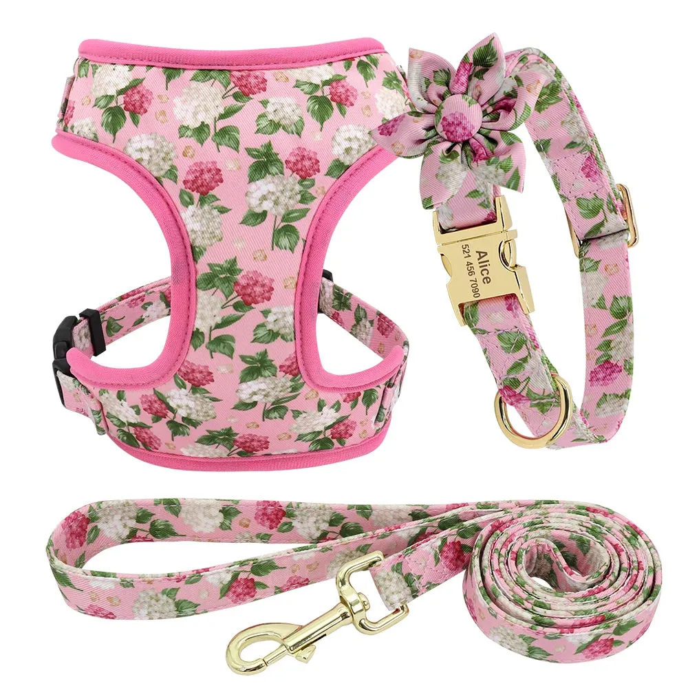 Cute Flower Print Dog Collars & Leash Sets-Personalized Nylon Harness and Leash Set with Custom ID Collars for Small Pets