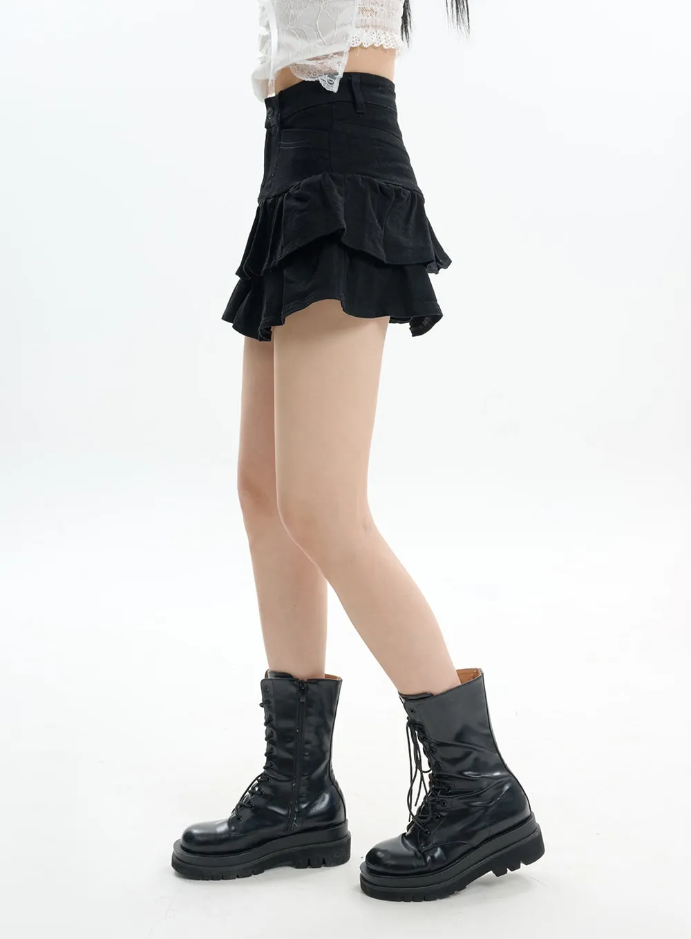 Denim Fringe Layered Mini Skirt IF413