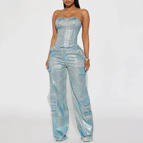 Denim Two Piece Set For Women Strapless Sleeveless Vest High Waist Spliced Pockets Straight Cargo Pants Casual Sets Female