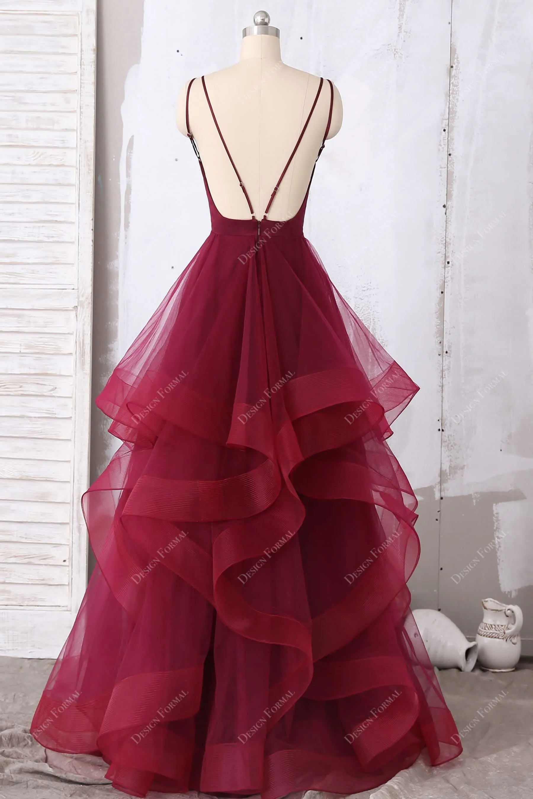 Dramatic Ruffled Burgundy Tulle Pleats V-neck Prom Gown