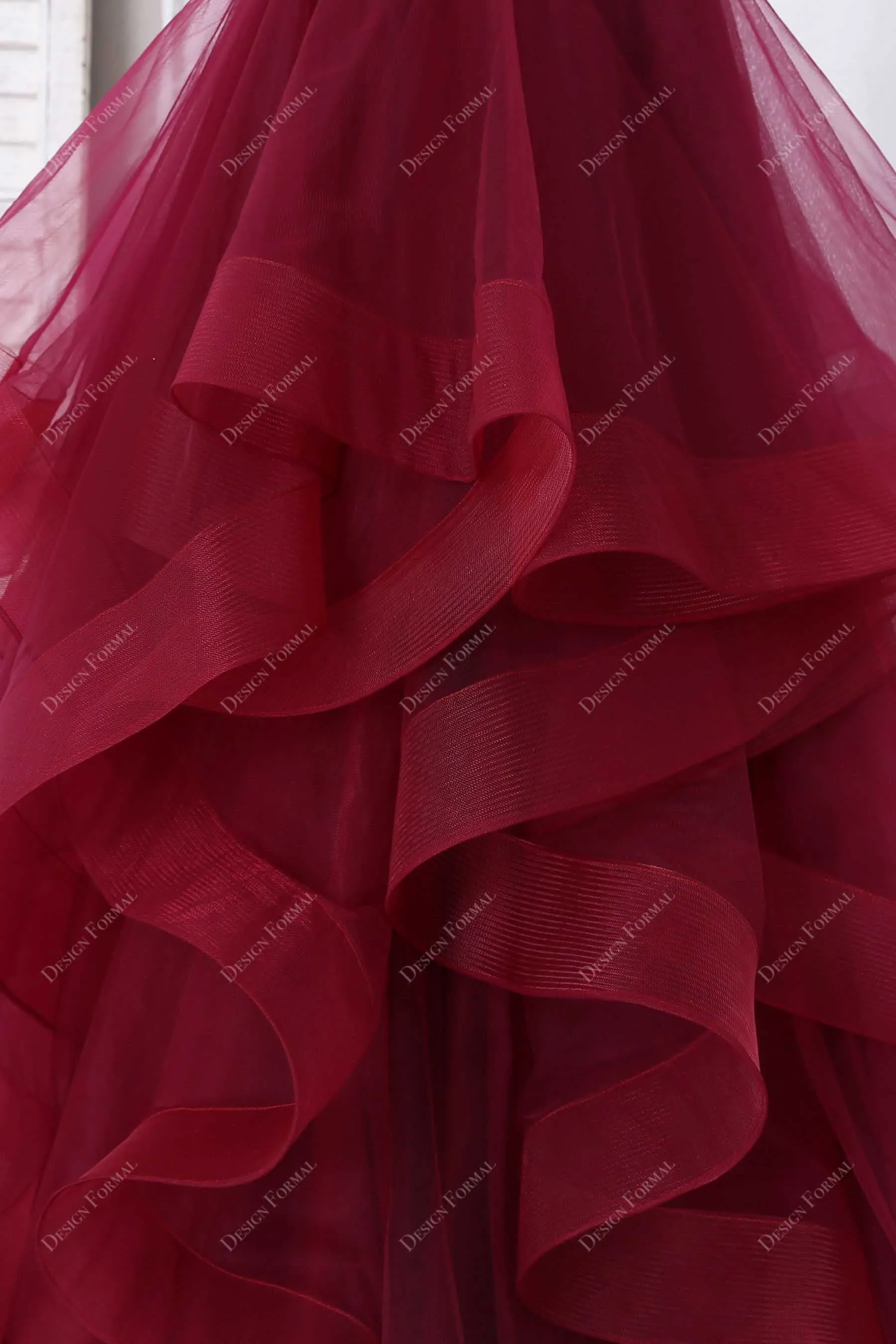 Dramatic Ruffled Burgundy Tulle Pleats V-neck Prom Gown