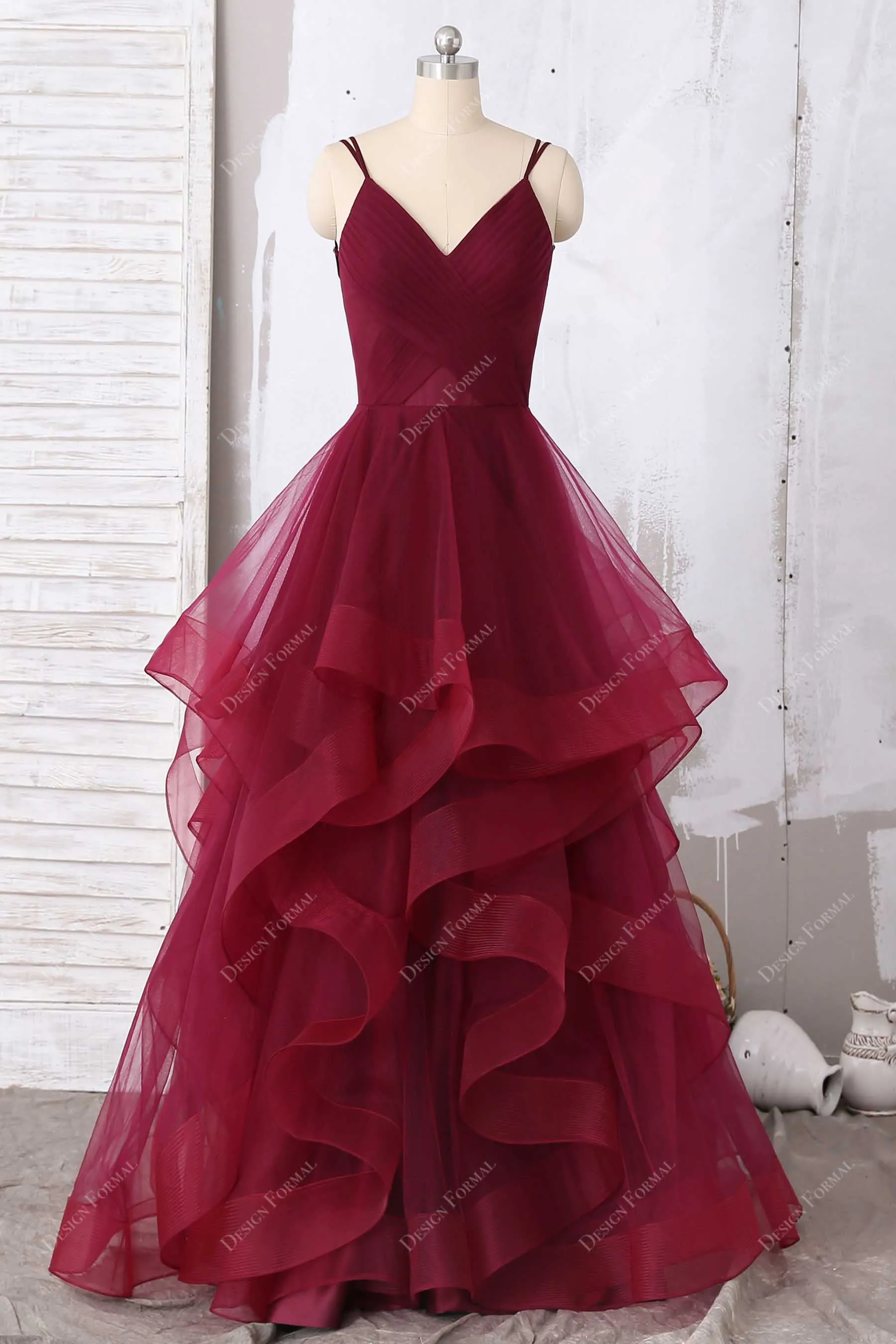 Dramatic Ruffled Burgundy Tulle Pleats V-neck Prom Gown