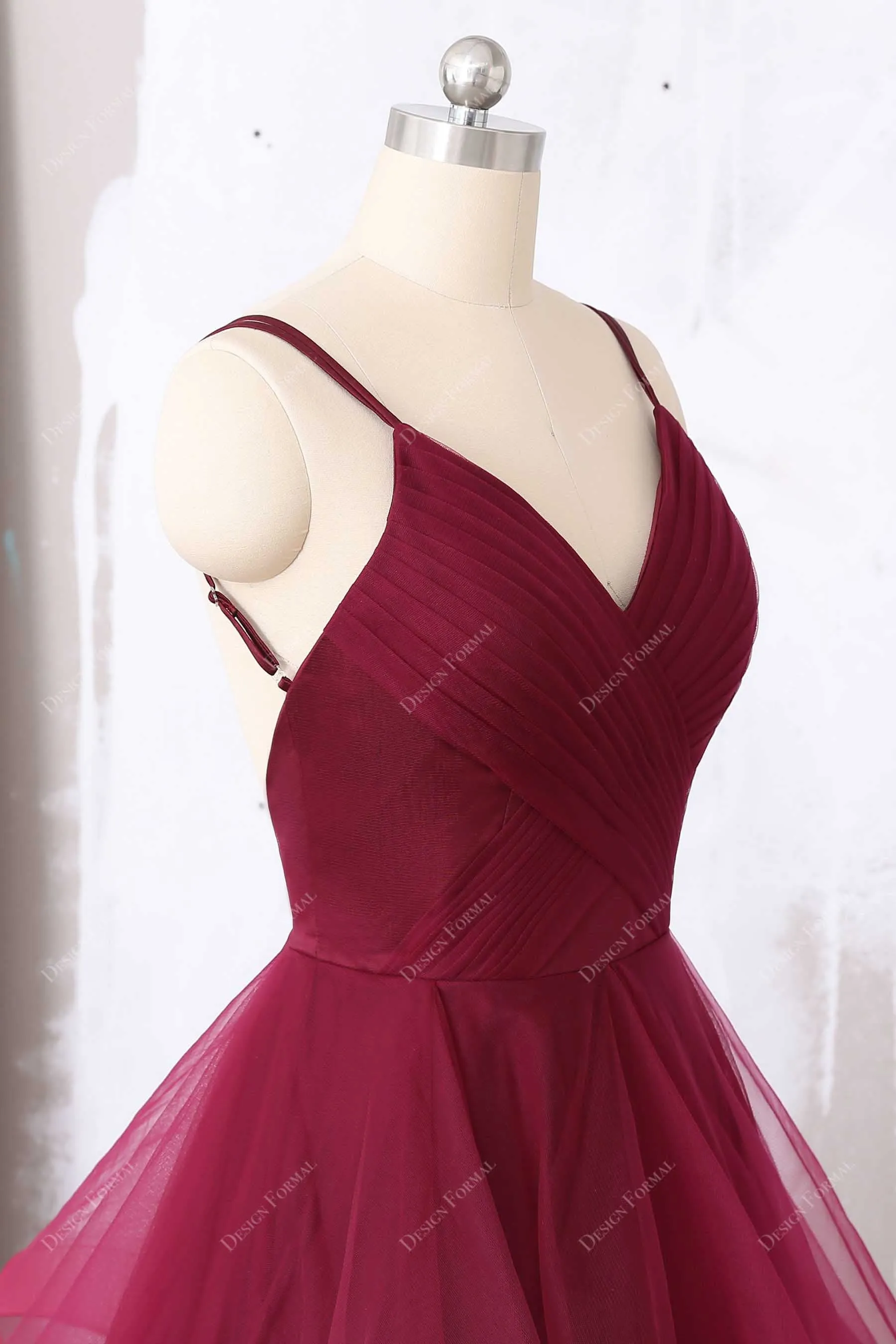 Dramatic Ruffled Burgundy Tulle Pleats V-neck Prom Gown