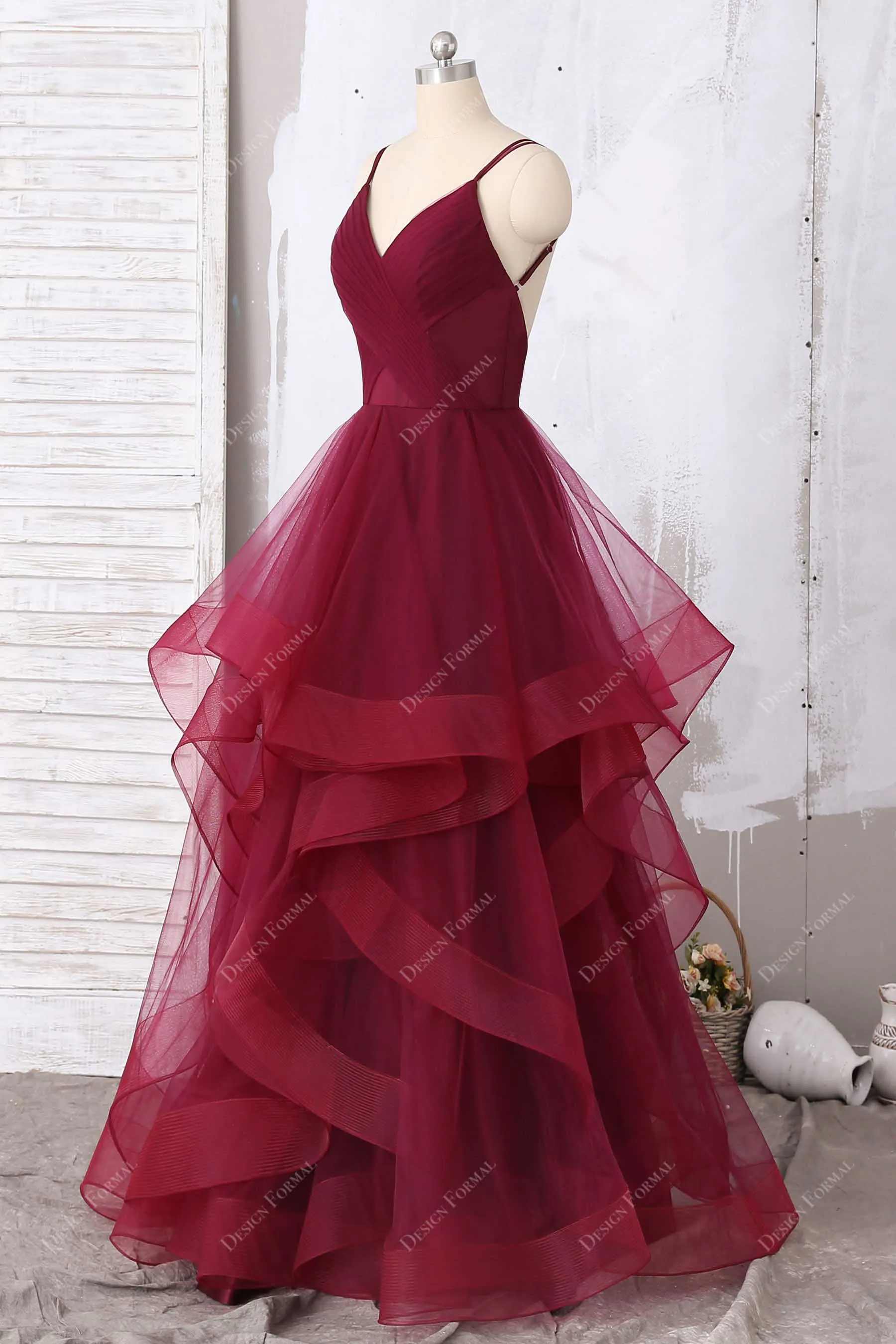 Dramatic Ruffled Burgundy Tulle Pleats V-neck Prom Gown