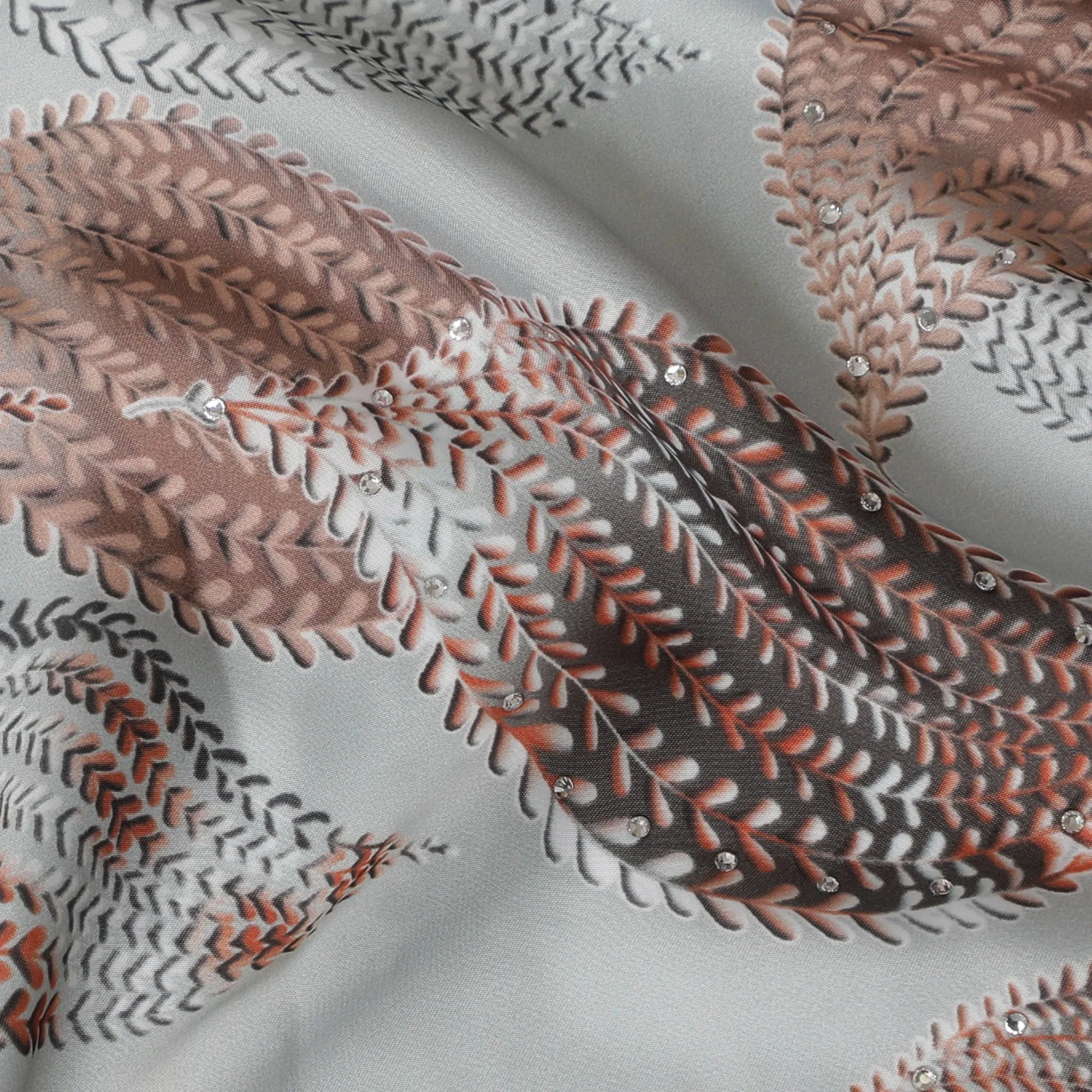 Elegant Grey Synthetic Modal Satin Fabric with Rust and Beige Leaf Pattern and Stone Work, 110 cm Width-20044