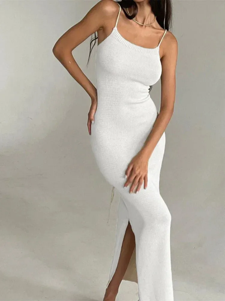 Elegant Knitted Long White Women Backless Bodycon Lace-Up Slit Maxi Dress