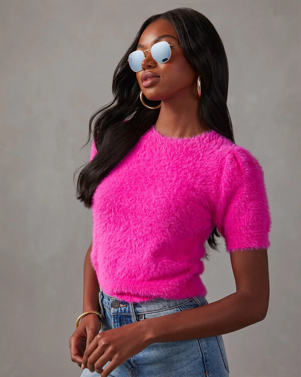 Emanuelle Fuzzy Short Sleeve Sweater Top