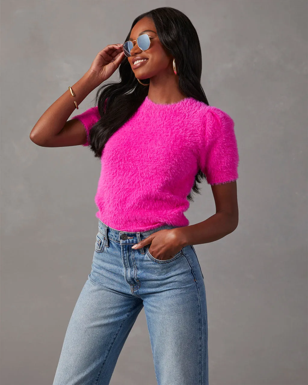 Emanuelle Fuzzy Short Sleeve Sweater Top