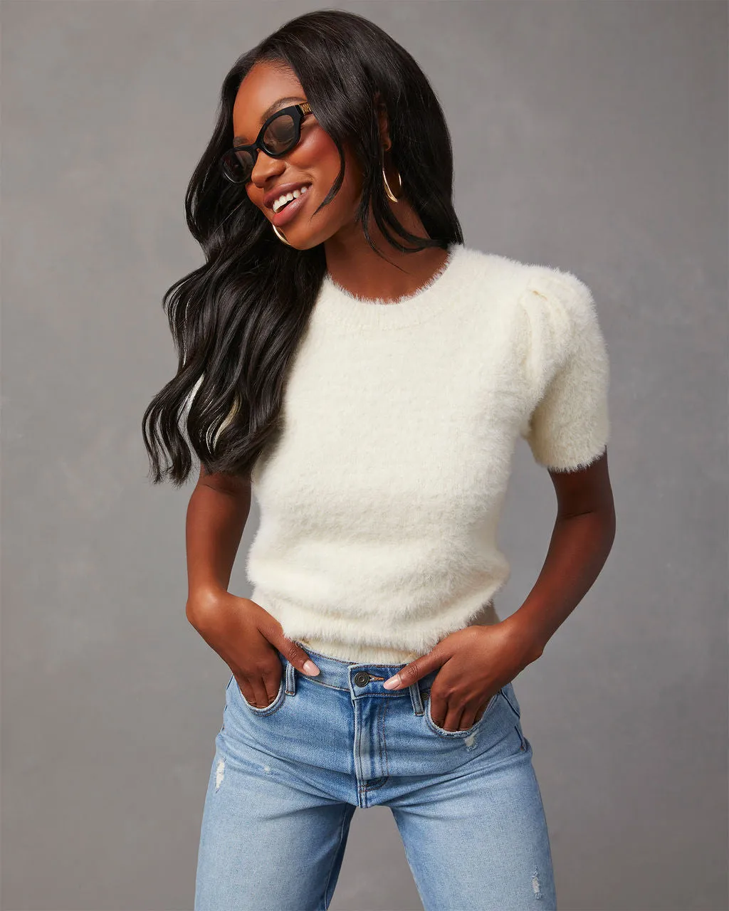 Emanuelle Fuzzy Short Sleeve Sweater Top