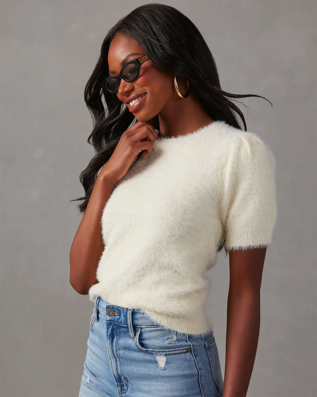 Emanuelle Fuzzy Short Sleeve Sweater Top